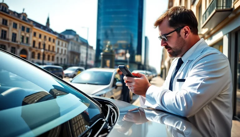 Kfz Sachverständiger Düsseldorf analysiert Fahrzeug in urbaner Umgebung.
