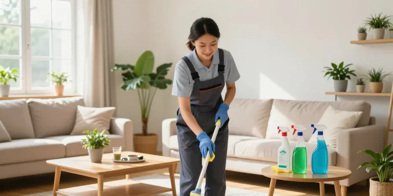 Professional cleaner ensuring spotless areas for reinigungsfirmen bern services in a bright, tidy living room.