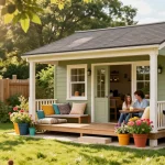 Garten Haus in sonnigem Garten mit gemütlicher Sitzecke und blühenden Pflanzen.
