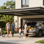 Moderne Carport-Gestaltung mit Familie beim Entladen von Lebensmitteln im Garten.