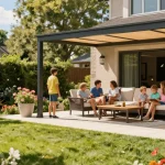 Moderne freistehende Terrassenüberdachung im Garten mit Familie am Grill.