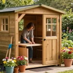 Gartenhäuser: Handwerker im Gartenhaus mit Werkzeugen und Pflanzen für eine gemütliche Atmosphäre.