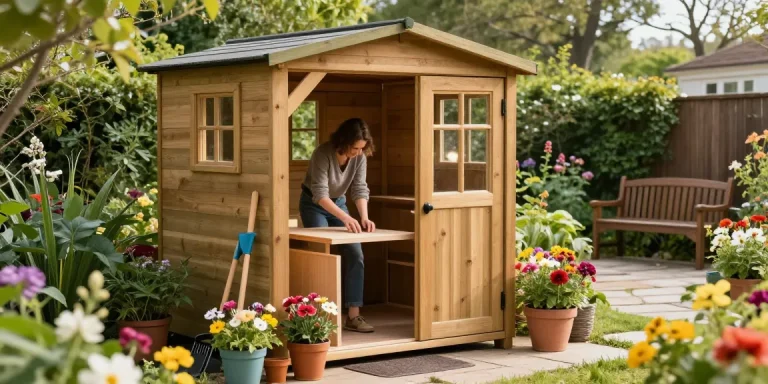 Gartenhäuser: Handwerker im Gartenhaus mit Werkzeugen und Pflanzen für eine gemütliche Atmosphäre.